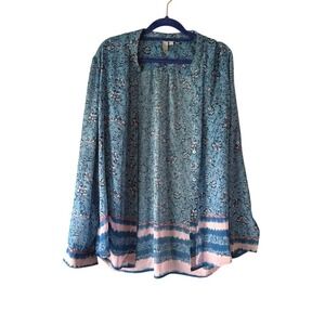 KUT from the Kloth‎ Blue Floral Button Front Roll Tab Sleeve Blouse Top Size L
